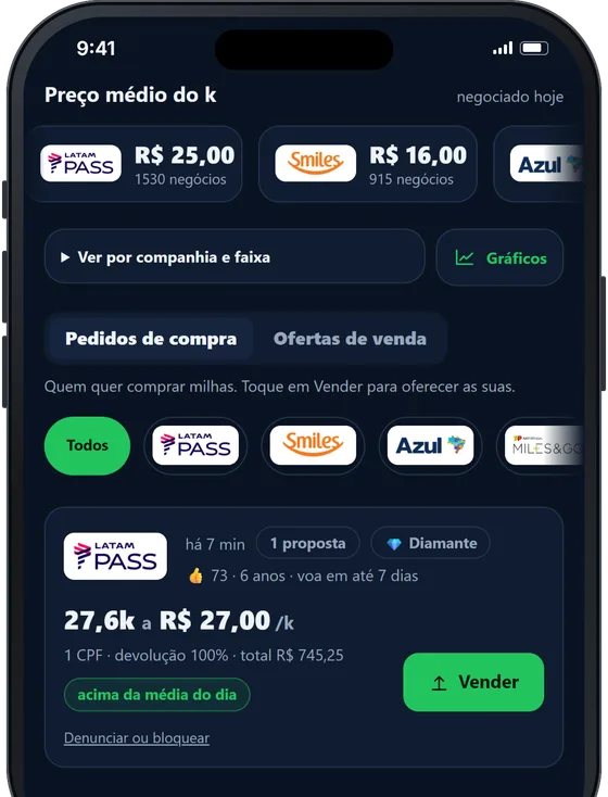 App Balcão de Milhas no iPhone: pedidos de compra com o preço médio do dia