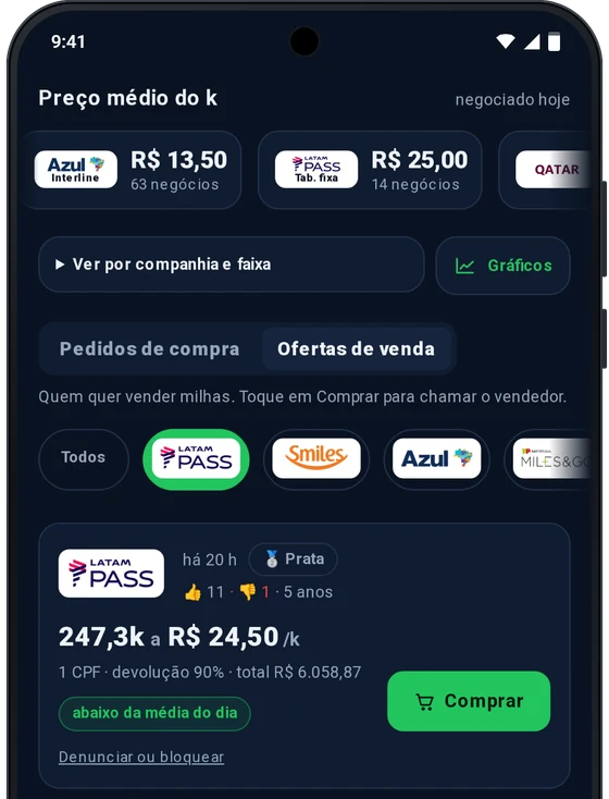 App Balcão de Milhas no Android: ofertas de venda com o botão Comprar