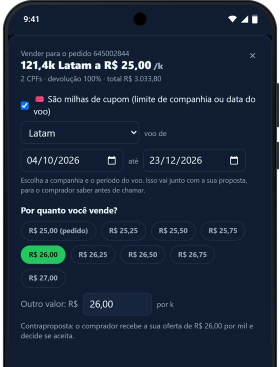 App Balcão de Milhas no iPhone: tela de vender com contraproposta